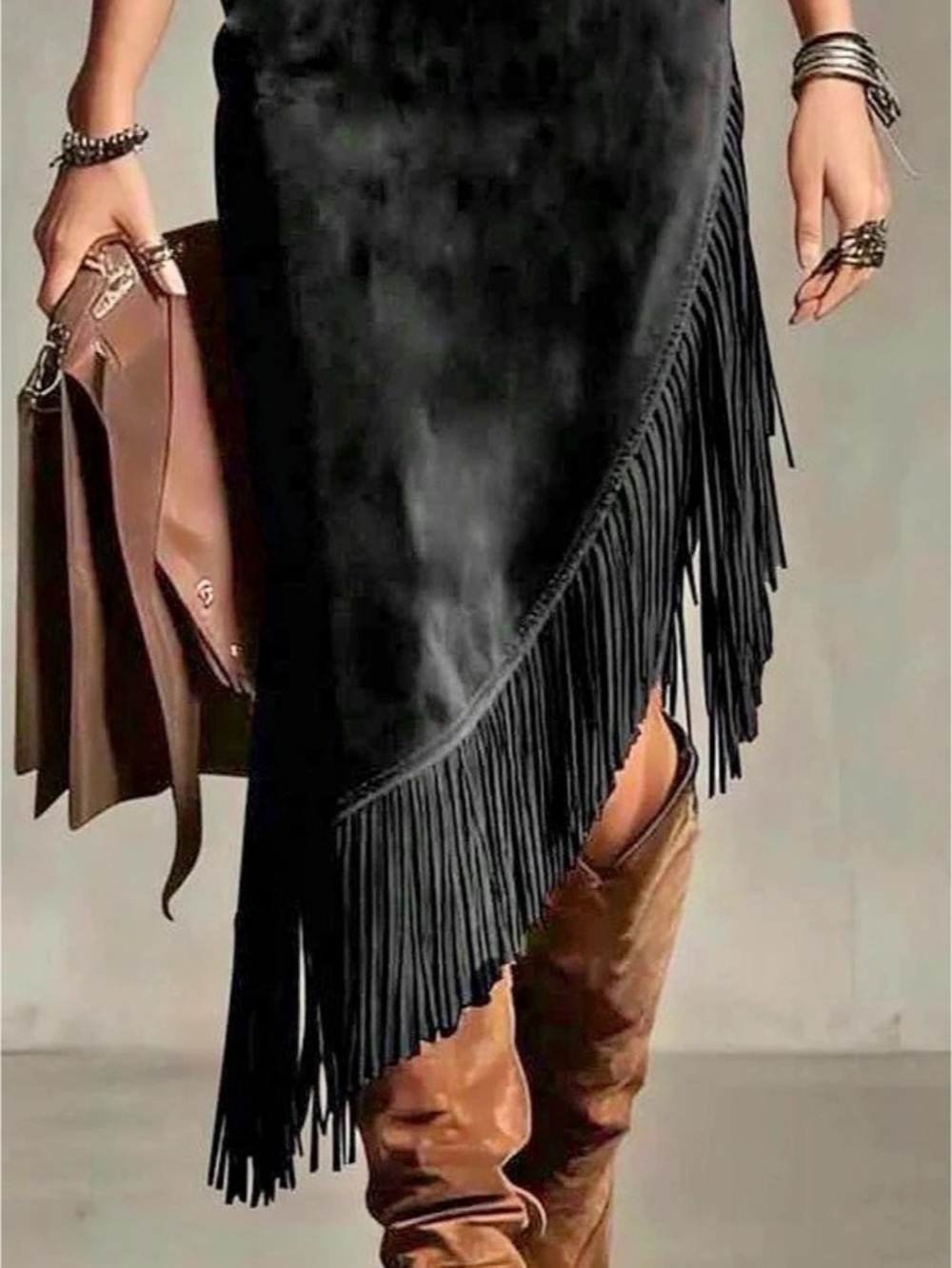 NWT Black Fringe Asymmetrical Suede Midi Skirt (Size 14)